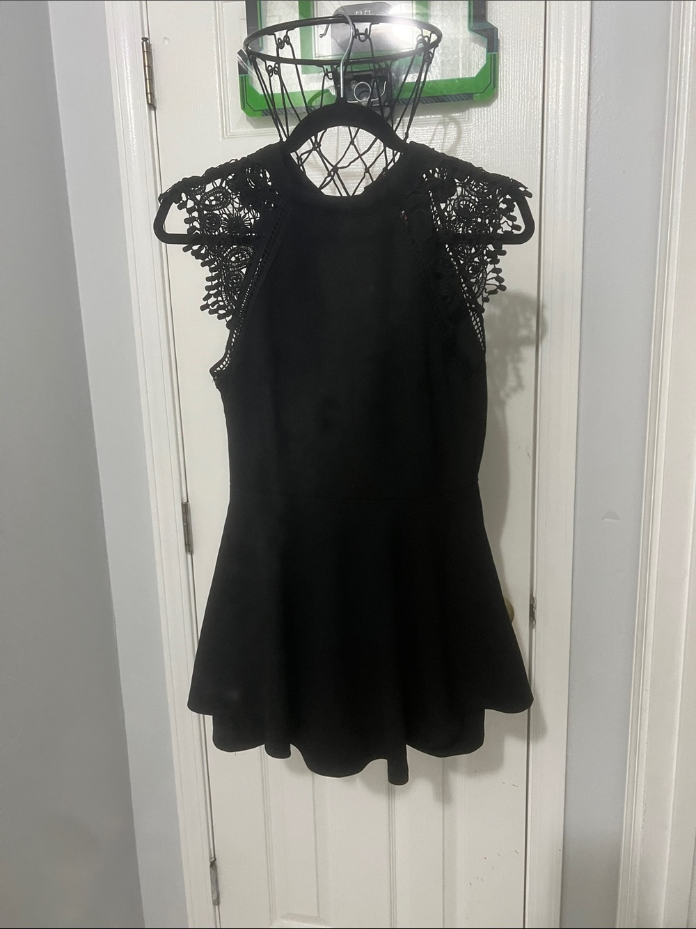 Women’s Black Lace-Shoulder Fit & Flare Romper Dress